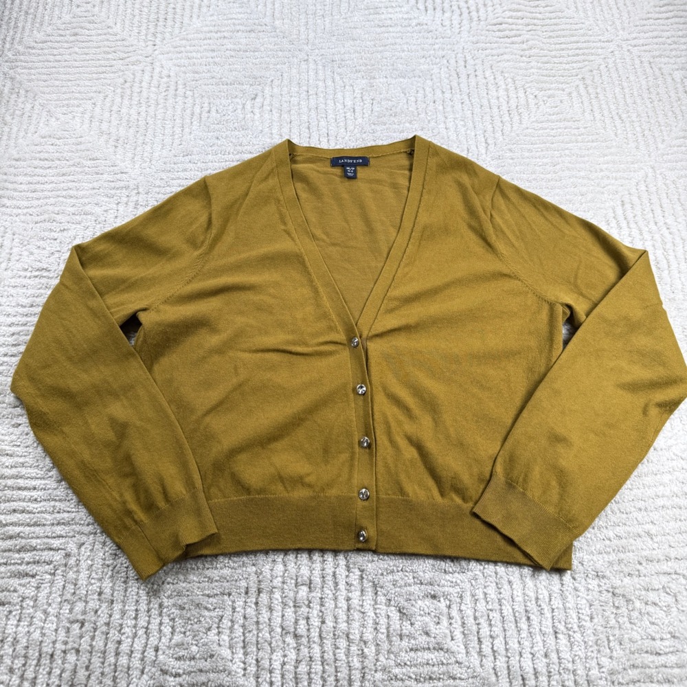 Lands End Cardigan Sweater Womens M/P 10-12 Yellow Button VTG Y2K Granola Girl